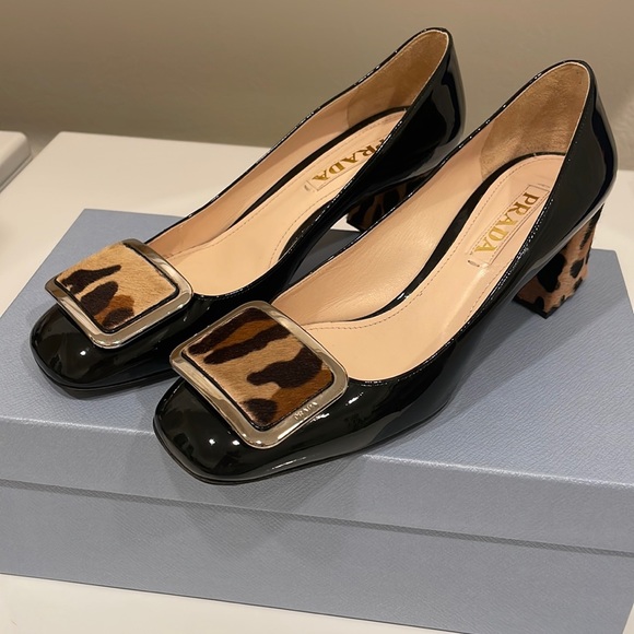 Prada Black Patent Leather & Leopard Calfskin Block Heel - Picture 1 of 13